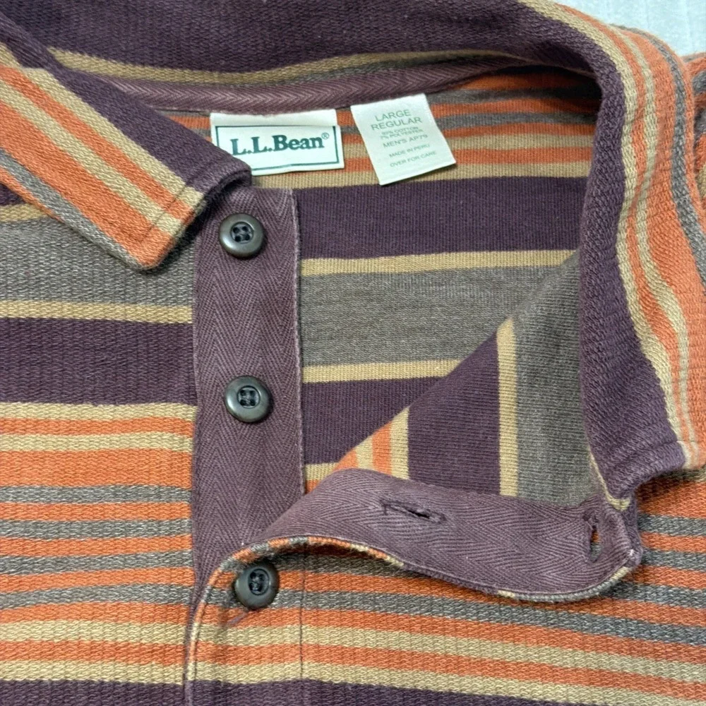 L.L. Bean Rugby Shirt Mens Large Orange  Red Stripe Long Sleeve Cotton Classic